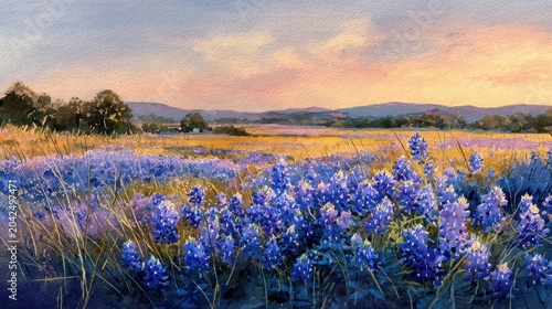 Pastel Sunset over a Bluebonnet Meadow in Texas Hill Country