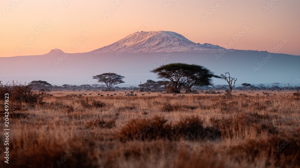Fototapeta premium Snow-capped peak over endless plains with acacia trees at sunset