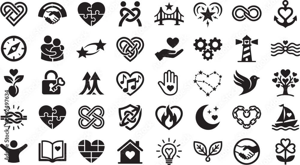 Fototapeta premium Mega Heart Icon Bundle with Conceptual Love Symbols Care Community Unity