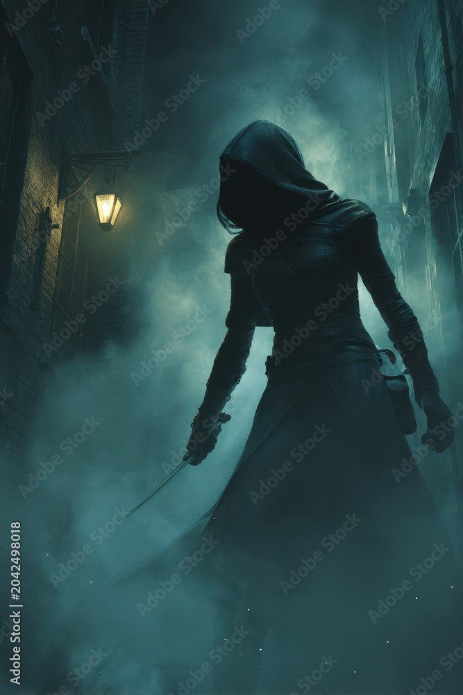Obraz premium Silent rogue assassin silhouette lunging through mist toward a distant target in a cinematic fantasy world