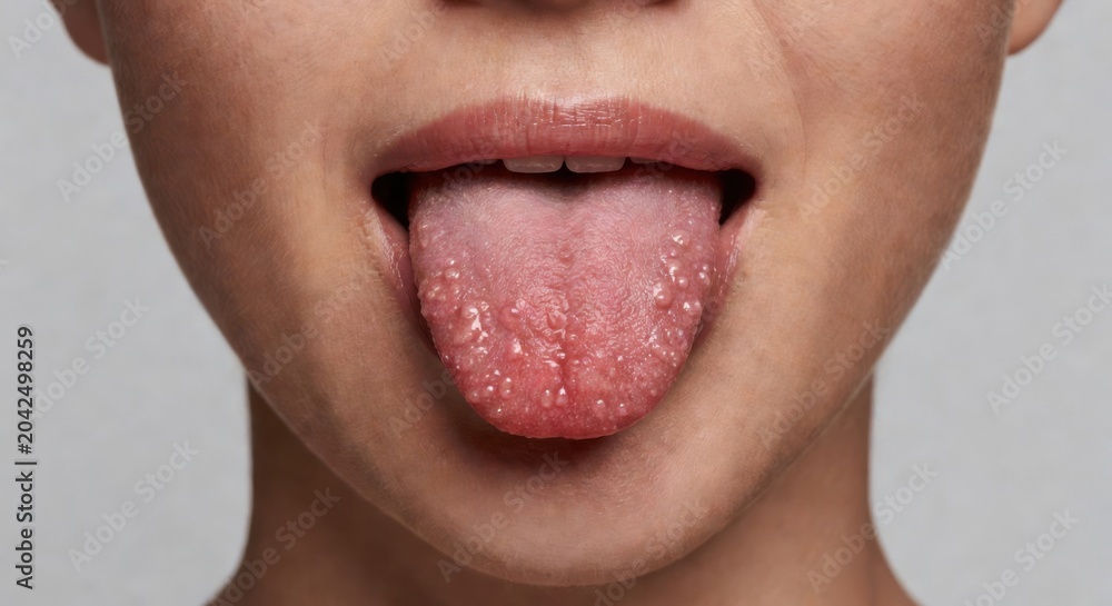 Fototapeta premium Highdetail depiction of a womans lower face and inflamed tongue with rashlike bumps isolated against a clean transparent backdrop emphasizing realistic skin details in a neutral
