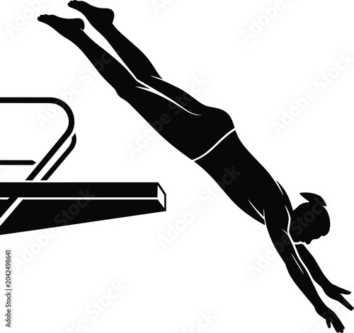 Bild auf Leinwand Silhouette of a female swimmer diving from a springboard with extended arms and