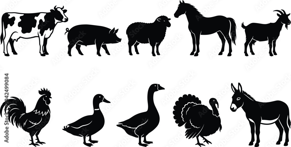 Fototapeta premium Collection of farm animal silhouettes including cows, pigs, sheep, goats, chickens, ducks, turkeys, and donkeys on a white background