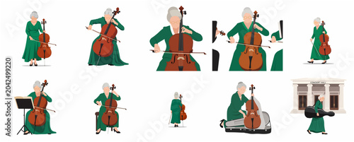 Fotografia Set of illustrations of a senior woman playing cello in various poses, classical