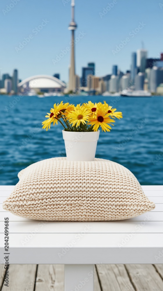 Obraz premium Potted yellow flowers resting on cushion by waterfront