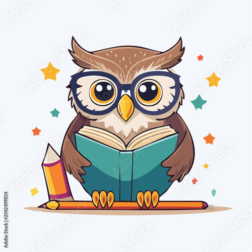 Cute cartoon owl wearing glasses reading a book with a pencil