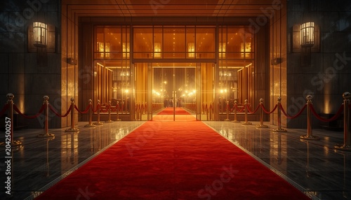 Red carpet leads to luxurious building entrance with velvet ropes