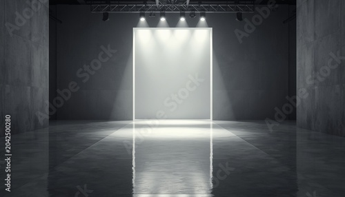 A spotlight shines down on a large empty rectangular door in a dark room with a concrete floor.