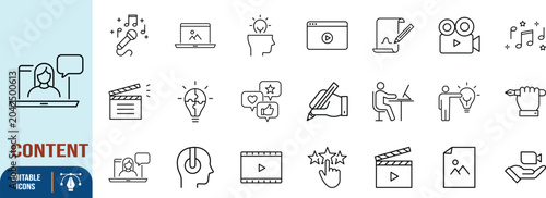 Content creation digital media icons. microphone icon set, clapperboard icon set, laptop icon set