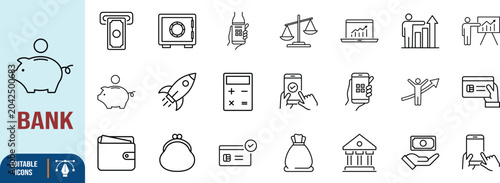 Financial services vector line icons. wallet icon set, safe icon set, calculator icon set
