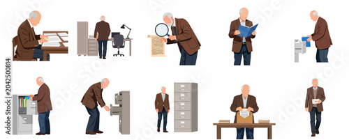 Картината върху платно Set of vector illustrations featuring an elderly man performing various office a
