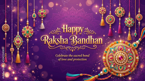 Luxury Raksha Bandhan Greeting Banner with Hanging Designer Rakhis on Purple Festive Background