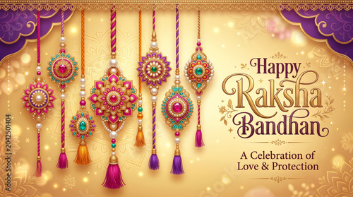 Happy Raksha Bandhan Greeting Banner with Colorful Designer Rakhis and Elegant Festive Celebration Background