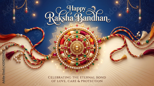 Happy Raksha Bandhan Greeting Banner with Ornate Rakhi Decorative Threads and Festive Celebration Background