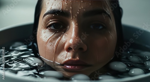 Woman submerged in ice bath for vagus nerve stimulation. Cold water immersion therapy for stress relief and nervous system regulation. Wellness practice for physical and mental recovery.