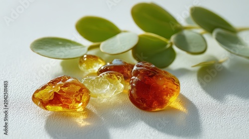 Still-life of amber resin tears from the mastic tree with fresh lentisk foliage on a white backdrop