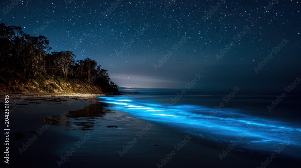 Fototapeta premium Tranquil night seascape featuring bioluminescence along a secluded Australian coastline