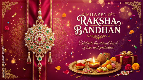 Premium Raksha Bandhan Greeting Banner with Ornate Rakhi Traditional Sweets Gifts and Festive Decor