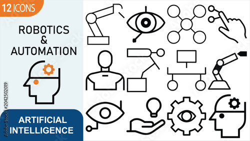 Robotics and automation icons showing robotic arms humanoids vision sensors and neural network structures for advanced smart technologies.