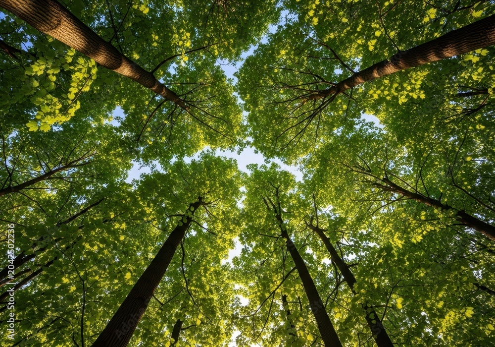 Fototapeta premium Low angle view of tall green trees in a forest reaching towards the bright blue sky, vibrant canopy of leaves creating a natural frame in nature