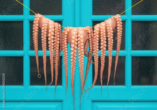 Fresh octopus tentacles hanging to dry on a line against a blue door