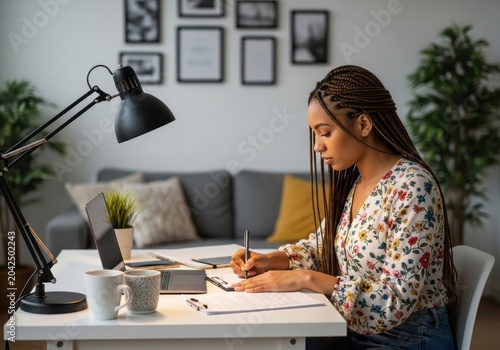 Young african american woman working from home at her desk, writing notes in a document while using a laptop in a cozy, welllit modern living room