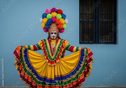Performer in a vibrant traditional costume with a large floral headdress and colorful layered skirt standing against a blue wall