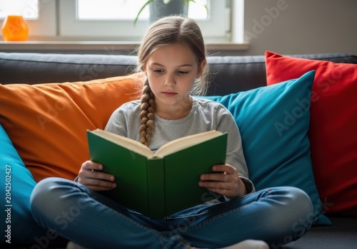 Young girl with a braid sitting comfortably on a sofa with colorful pillows, engrossed in reading a green book at home