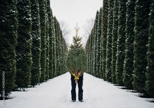 Person carrying a christmas tree in a snowy alleyway lined with evergreen trees