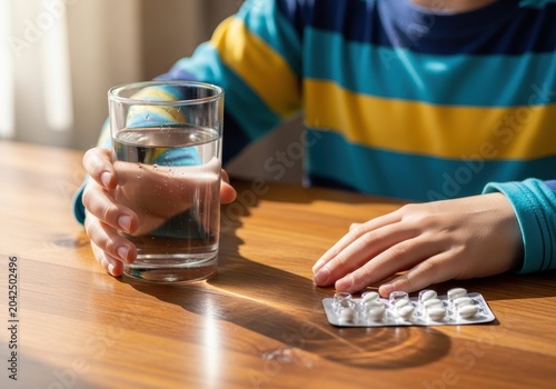 Closeup of a childs hands holding a glass of water, with a blister pack of pills on a wooden table, suggesting medication
