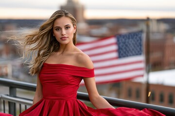 Elegant young woman in a flowing red off-the-shoulder dress with an American flag in the background.