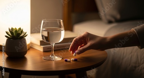 Woman taking capsule supplement before sleep in bedroom. Evening ritual with glass of water and pill on bedside table. Concept of health, wellness, nightly medication and relaxation.