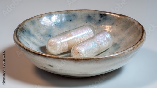 Two shimmering magnesium capsules resting in a ceramic bowl. Daily evening supplement ritual for health and wellness. Nutritional medicine for stress relief and sleep support concept.
