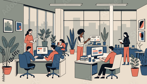 Photos Diverse team collaborating in a modern office with abundant natural light and gr