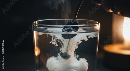 Magnesium powder dissolving in glass of water for evening supplement ritual. Person stirring mineral supplement into drink for night relaxation. Healthcare wellness routine and sleep habit.