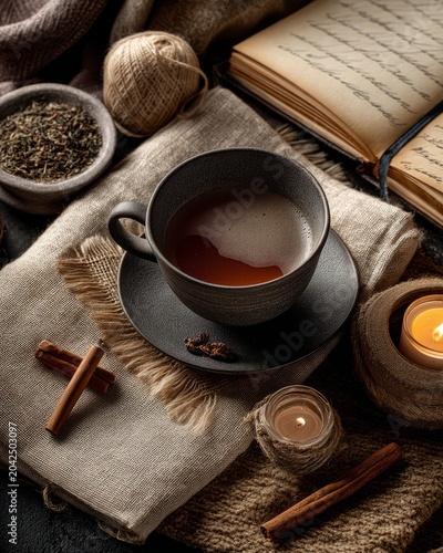 Cup of tea with open book and candle on rustic fabric. Screen-free evening concept for relaxation and cozy home hobby. Calm atmosphere with vintage diary and cinnamon for comfort.