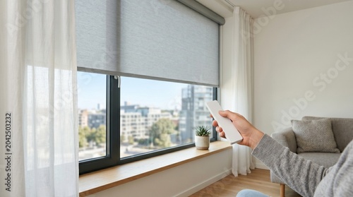 Person holding remote control to operate motorized roller blinds in a modern apartment with city view