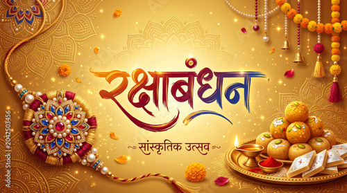 Raksha Bandhan Hindi Typography Banner with Decorative Rakhi Traditional Sweets and Festive Celebration Background