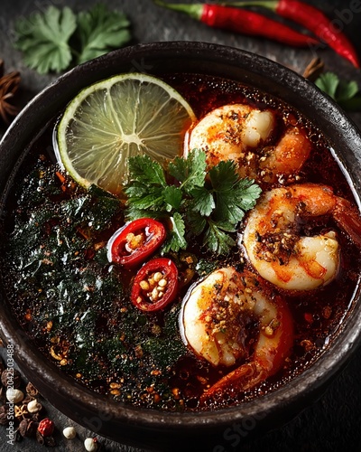 Top view of Tom Yam Kung Thai spicy shrimp soup in black bowl on stone background, copy space