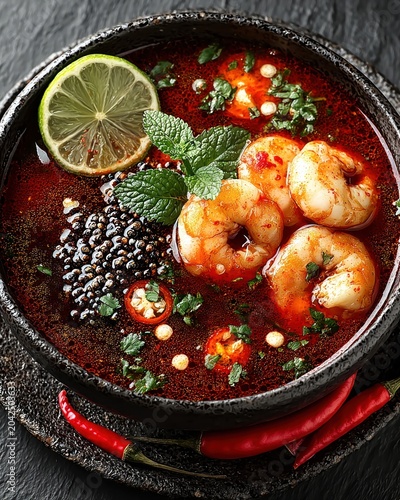 Top view of Tom Yam Kung Thai spicy shrimp soup in black bowl on stone background, copy space