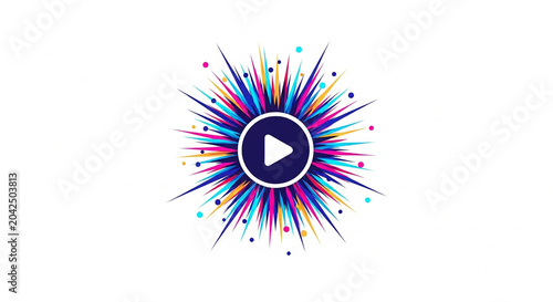 A vibrant colorful vector play button icon surrounded by a dynamic burst of multicolored lines and dots.