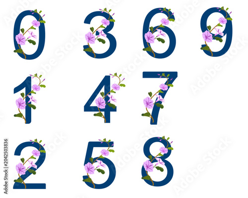 Blue Floral Number Icons 0-9 with Purple Flowers and Botanical Vines, Transparent Vector Number Set for Invitations, Calendars, Graphic Design and Creative Projects