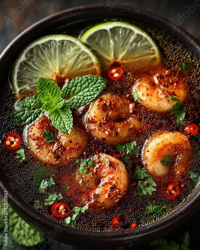 Top view of Tom Yam Kung Thai spicy shrimp soup in black bowl on stone background, copy space