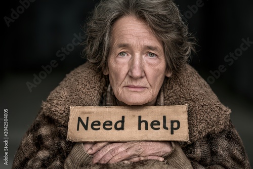 Elderly woman with weathered face holding a cardboard sign that says 'Need help'