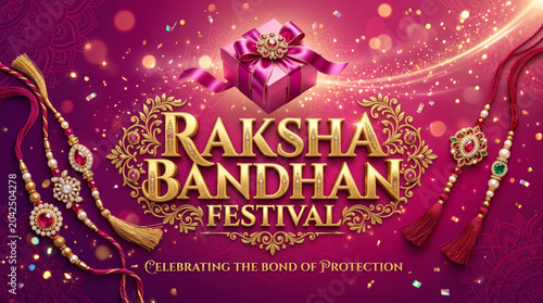 Raksha Bandhan Festival Banner with Premium Gift Box Decorative Rakhis and Luxurious Celebration Background