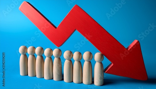 line of wooden peg dolls stands behind red downward arrow on blue surface declining birth rate demographic collapse trend aging population crisis population shrinking statistics