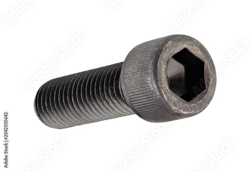 Fotografija Black, hardened round-head bolt for a special Allen key isolated on white