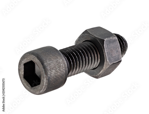 Fotografi Black, hardened round-head bolt for a special Allen key isolated on white