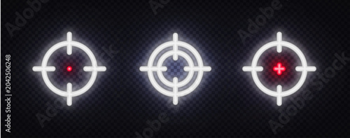 Neon target and crosshair symbols with red center and precision markers. Glowing icons for focus, aiming, tracking, and gaming interfaces.