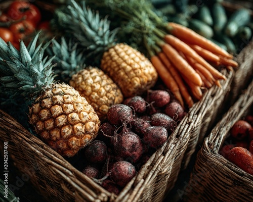 Top-down shot of a healthy grocery shopping haul, colorful fruits and vegetables